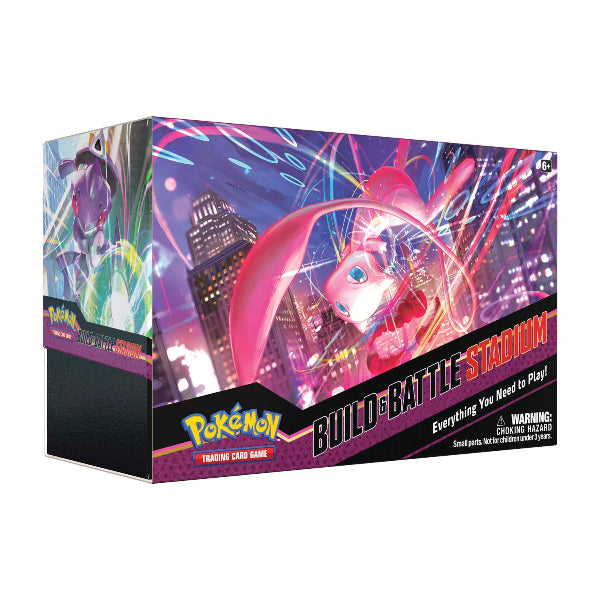 Pokémon TCG Fusion Strike Build & Battle Stadium with booster packs, cards, and accessories for Pokémon trading card game.