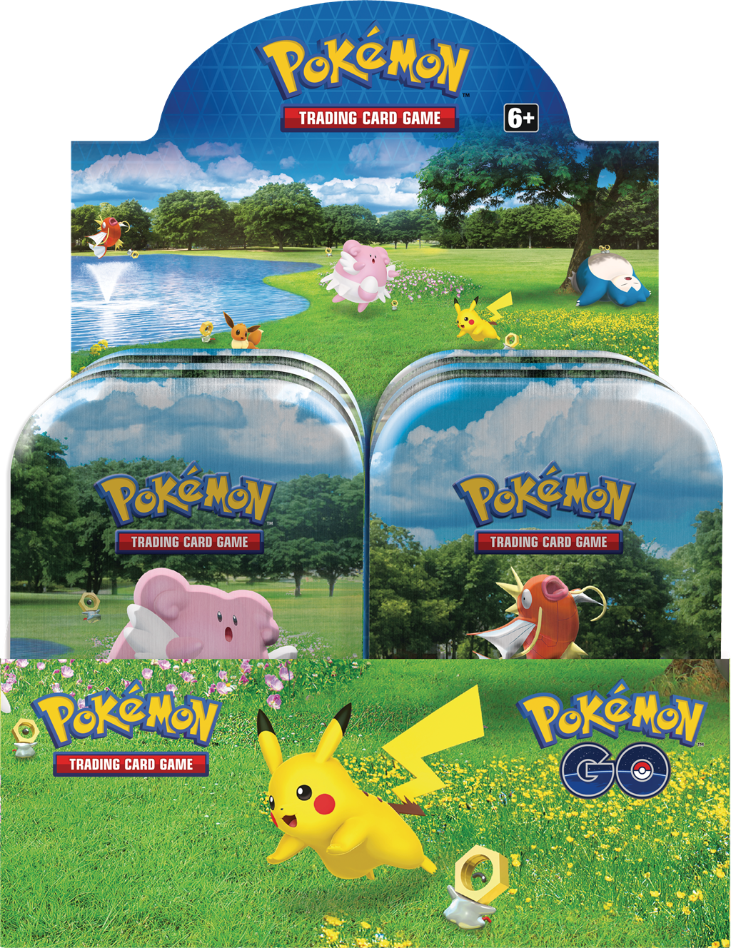 Assorted Pokémon GO Mini Tins with Pokémon trading cards displayed, featuring colorful tins and card packs from the Pokémon brand.