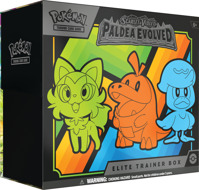 Pokemon Paldea Evolved Elite Trainer Box for Pokémon TCG, featuring colorful packaging and collectible card game accessories.