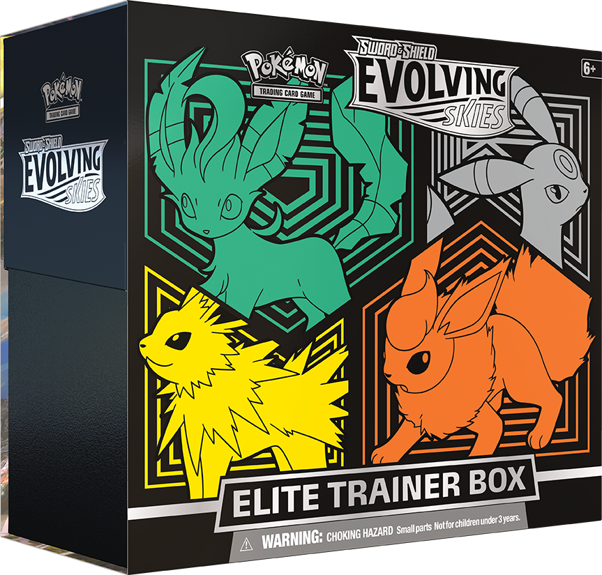 Pokémon Evolving Skies Elite Trainer Box for Pokémon TCG featuring Eevee evolutions and booster packs.