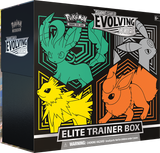 Pokémon Evolving Skies Elite Trainer Box for Pokémon TCG featuring Eevee evolutions and booster packs.