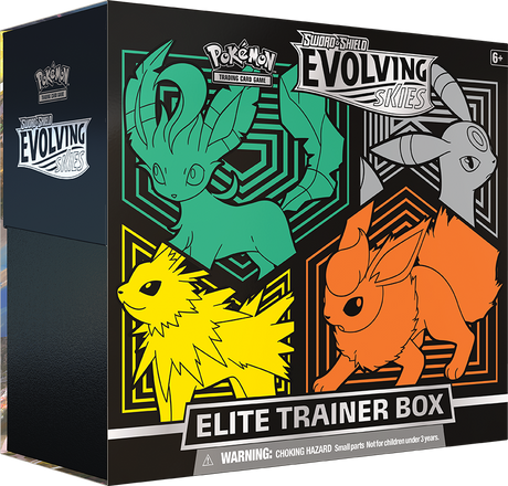 Pokémon Evolving Skies Elite Trainer Box for Pokémon TCG featuring Eevee evolutions and booster packs.