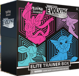 Pokémon Evolving Skies Elite Trainer Box from Pokémon TCG featuring Eevee and Evolutions cards, with booster packs and accessories.