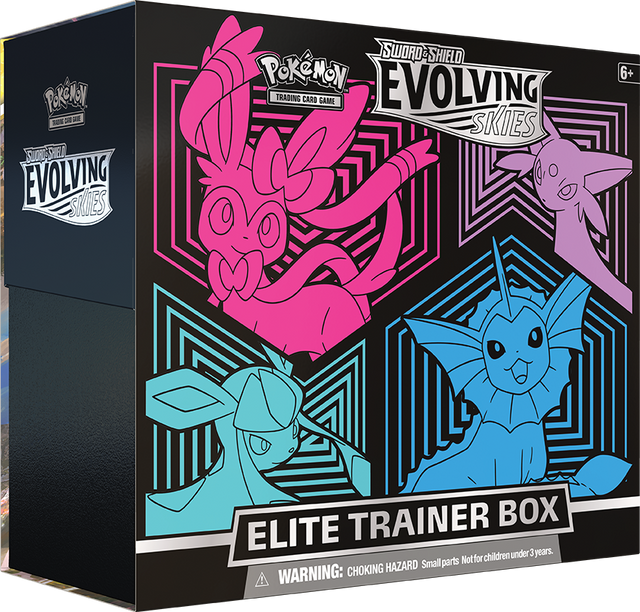 Pokémon Evolving Skies Elite Trainer Box from Pokémon TCG featuring Eevee and Evolutions cards, with booster packs and accessories.