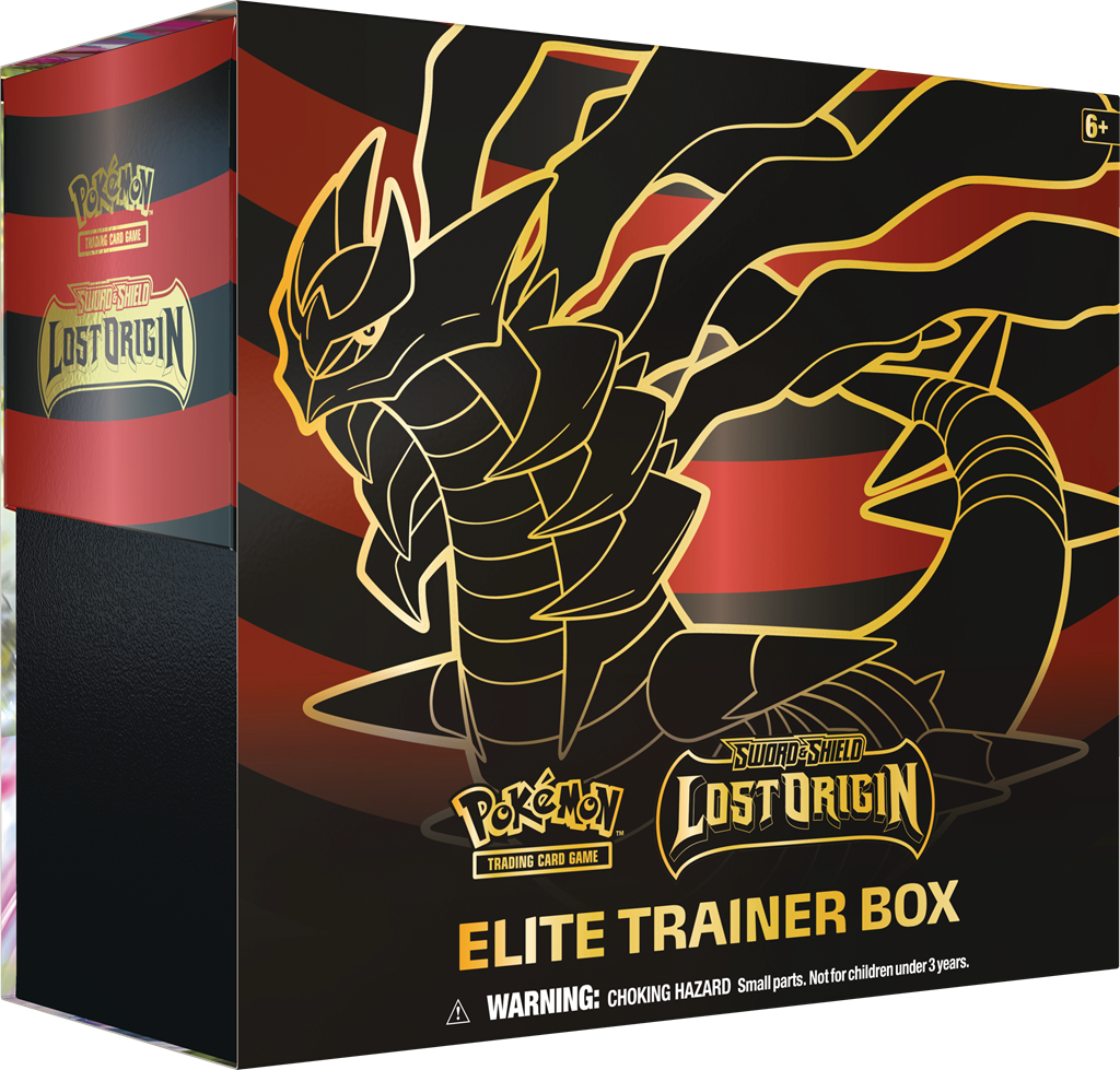 Pokemon Lost Origin Elite Trainer Box for Pokémon TCG, featuring booster packs, card sleeves, and accessories.