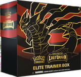 Pokemon Lost Origin Elite Trainer Box for Pokémon TCG, featuring booster packs, card sleeves, and accessories.