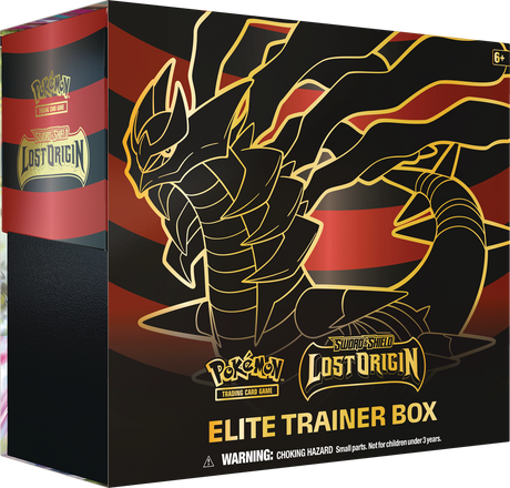 Pokemon Lost Origin Elite Trainer Box for Pokémon TCG, featuring booster packs, card sleeves, and accessories.
