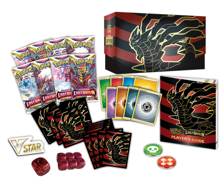 Pokémon TCG Lost Origin Elite Trainer Box with booster packs, card sleeves, dice, and accessories, featuring Pokémon branding.