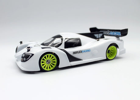 Reflex Racing RAD001 LMP3 RC car body in 1/28 scale, made of clear Lexan, designed for RC racing car modifications.