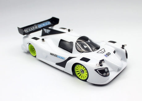 Reflex Racing RAD001 LMP3 1/28 scale Lexan RC car body with detailed design and clear windows for remote control racing.