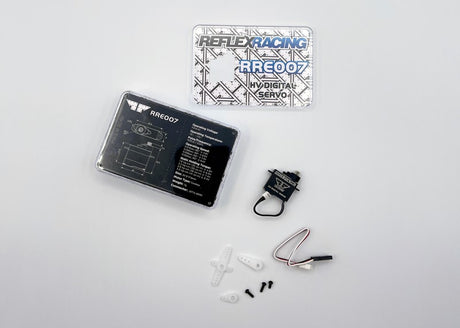Reflex Racing RRE007 HV Mini Digital Servo for RC cars, showing compact black servo with mounting arms and wiring.