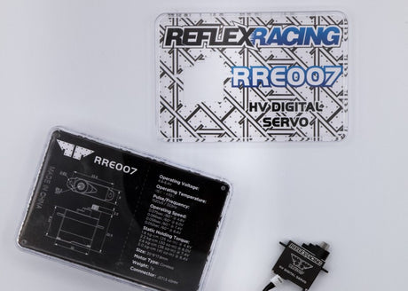 Reflex Racing RRE007 HV Mini Digital Servo for RC cars, showing compact high-voltage servo with mounting arms and connector.