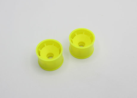 Reflex Racing RX600R14Y yellow speed dish rear wheel for RC cars, 14mm size, showing detailed yellow rim and tread pattern.