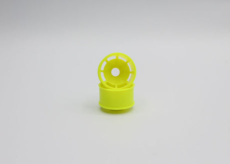 Reflex Racing RX600R3Y yellow speed dish rear wheel with +3 offset for RC car, showing close-up of the lightweight, aerodynamic design.