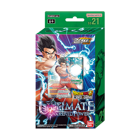 Bandai Dragon Ball Super Ultimate Awakened Power Starter Deck featuring colorful trading cards and dynamic character artwork.