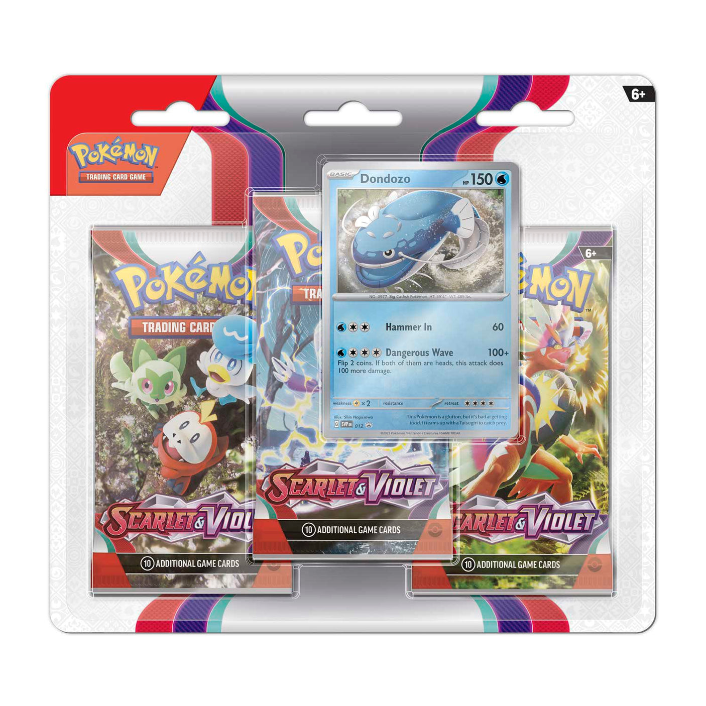Pokemon Scarlet & Violet 3-Pack Blister featuring Dondozo Pokémon cards, collectible packaging with vibrant artwork.