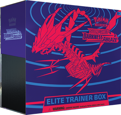 Pokémon Darkness Ablaze Elite Trainer Box for Pokémon TCG, featuring colorful artwork and card storage compartments.