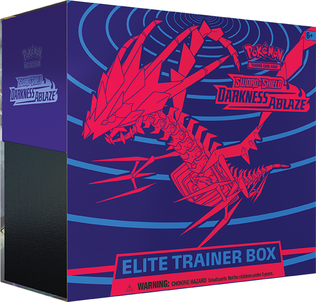 Pokémon Darkness Ablaze Elite Trainer Box for Pokémon TCG, featuring colorful artwork and card storage compartments.