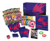 Pokémon Darkness Ablaze Elite Trainer Box with Pokémon TCG booster packs, card sleeves, dice, and accessories.