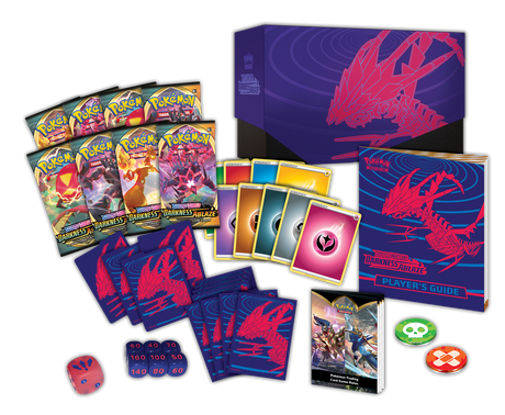 Pokémon Darkness Ablaze Elite Trainer Box with Pokémon TCG booster packs, card sleeves, dice, and accessories.