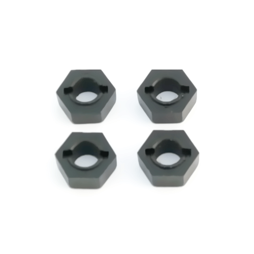 Tekno 12mm Hex Adapters for M6 RC car driveshafts, shown in black with metal construction for durable wheel attachment.