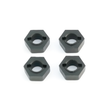 Tekno 12mm Hex Adapters for M6 RC car driveshafts, shown in black with metal construction for durable wheel attachment.