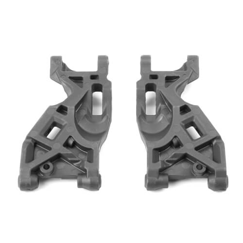 Tekno TKR6525B RC car front suspension arms, black plastic with metal mounting points, designed for durability and precise handling.