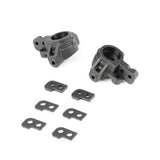 Tekno RC car with TKR6553X adjustable Ackermann spindles, showcasing the front suspension and steering components.