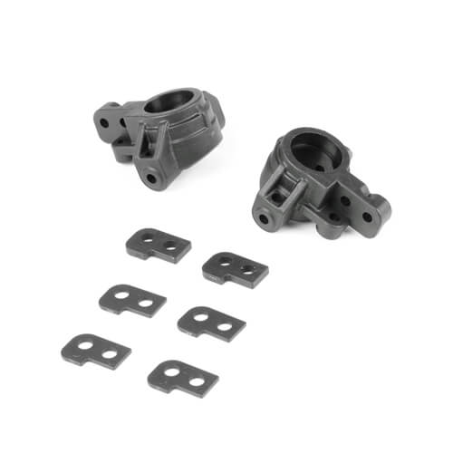 Tekno RC car with TKR6553X adjustable Ackermann spindles, showcasing the front suspension and steering components.