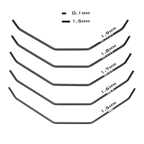 Tekno RC car front sway bar set with 1.5 to 1.9mm thickness, showing multiple sway bar options on chart.