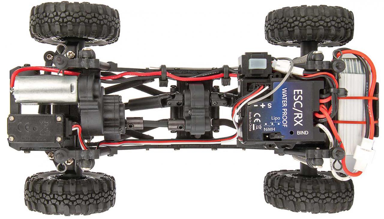 Element RC Enduro24 Sendero 1/24 RTR crawler with black and yellow body, top view showing bumper and detailed design.
