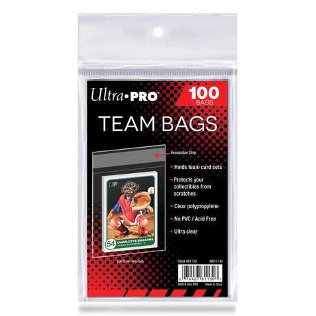 Ultra Pro Team Bags 100-pack for storing and protecting trading cards, with clear, durable plastic design.