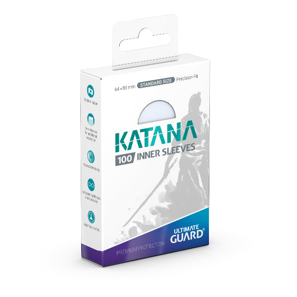 Pack of 100 Ultimate Guard Katana Inner Sleeves for protecting trading cards, clear, high-quality card sleeves by Ultimate Guard.