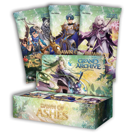 Weebs of the Shore Dawn of Ashes Booster Box from Grand Archive TCG Alter Edition, featuring colorful card artwork.