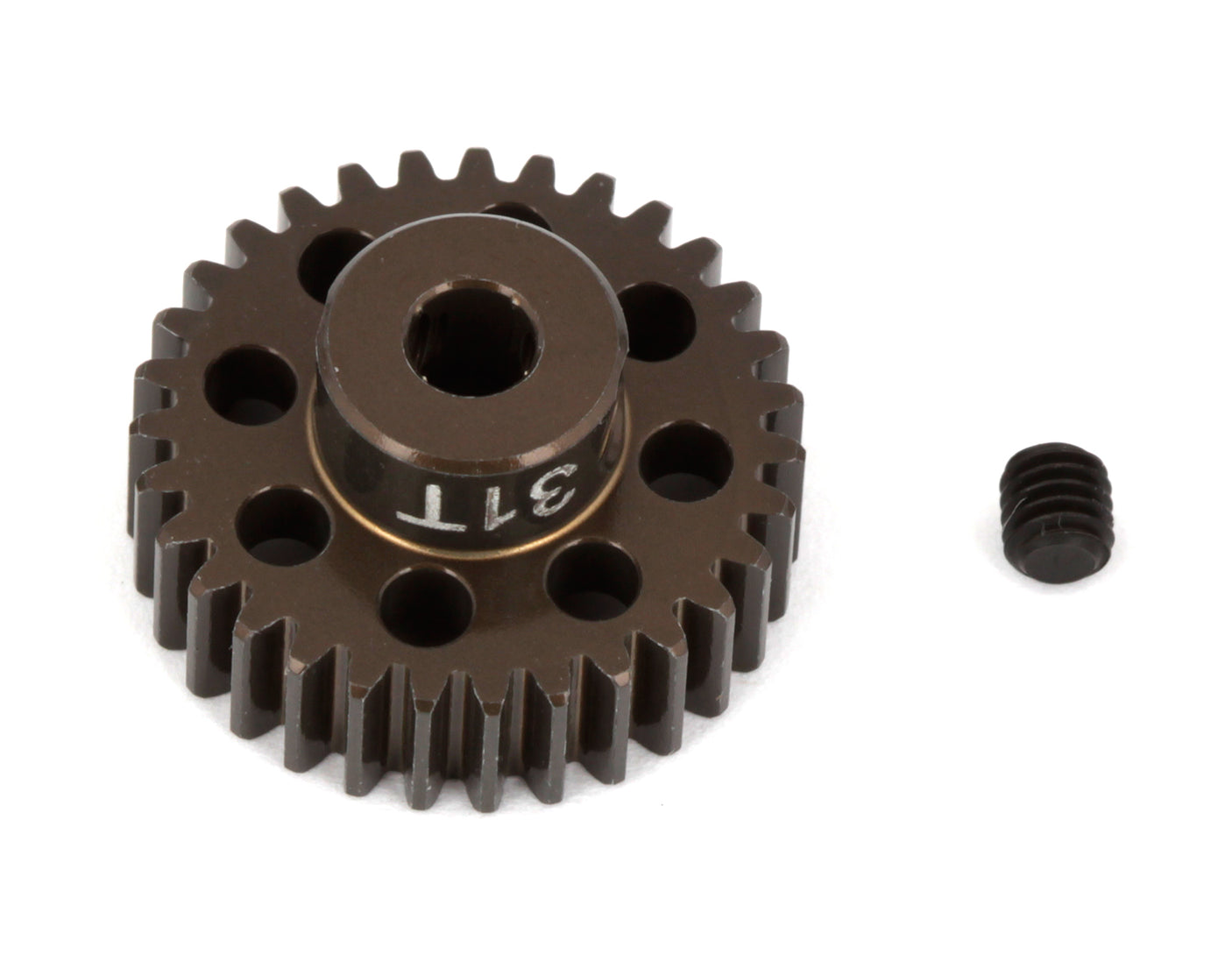 Aluminum 48P pinion gear with 1/8 inch shaft for RC cars, manufactured by Team Associated, shown in the image.