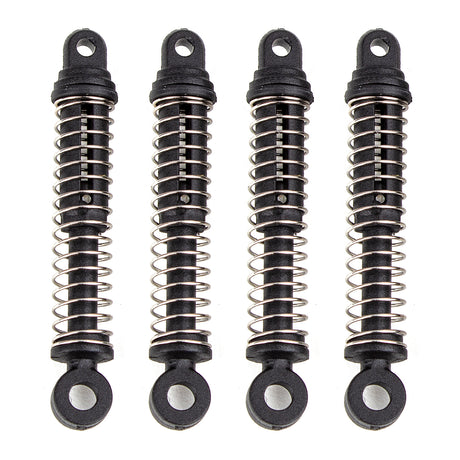 Element Enduro24 RC car shocks, durable metal suspension components for off-road racing, with blue springs and adjustable dampers.