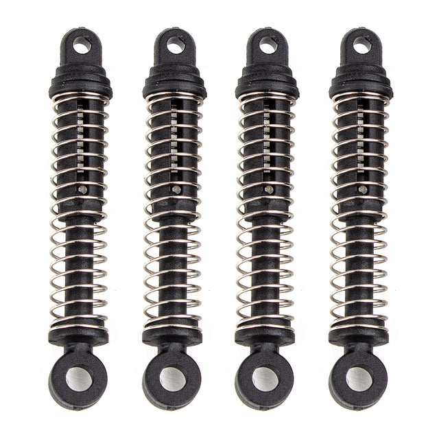 Element Enduro24 RC car shocks, durable metal suspension components for off-road racing, with blue springs and adjustable dampers.