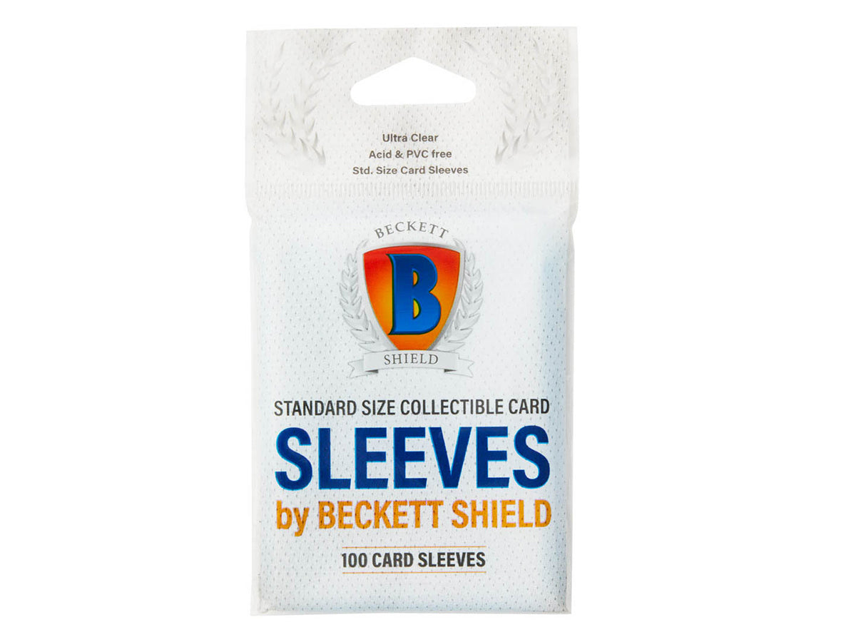 Beckett Shield Standard Card Sleeves for trading cards, 100-pack, clear protective card sleeves with snug fit.