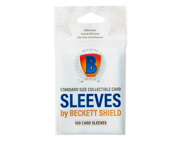 Beckett Shield Standard Card Sleeves for trading cards, 100-pack, clear protective card sleeves with snug fit.