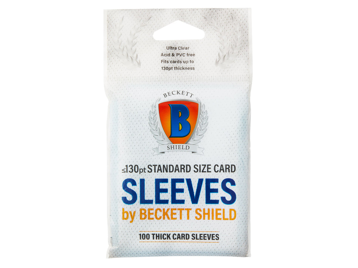 Beckett Shield thick standard size card sleeves, 130pt, for protective trading card storage, shown in a 100-count package.