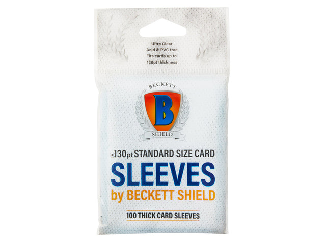 Beckett Shield thick standard size card sleeves, 130pt, for protective trading card storage, shown in a 100-count package.