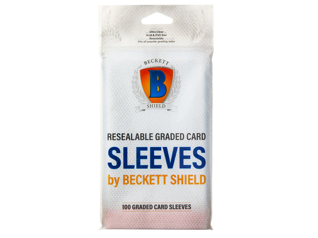 Beckett Shield graded card sleeves, 100-pack, clear protective sleeves for preserving collectible trading cards.