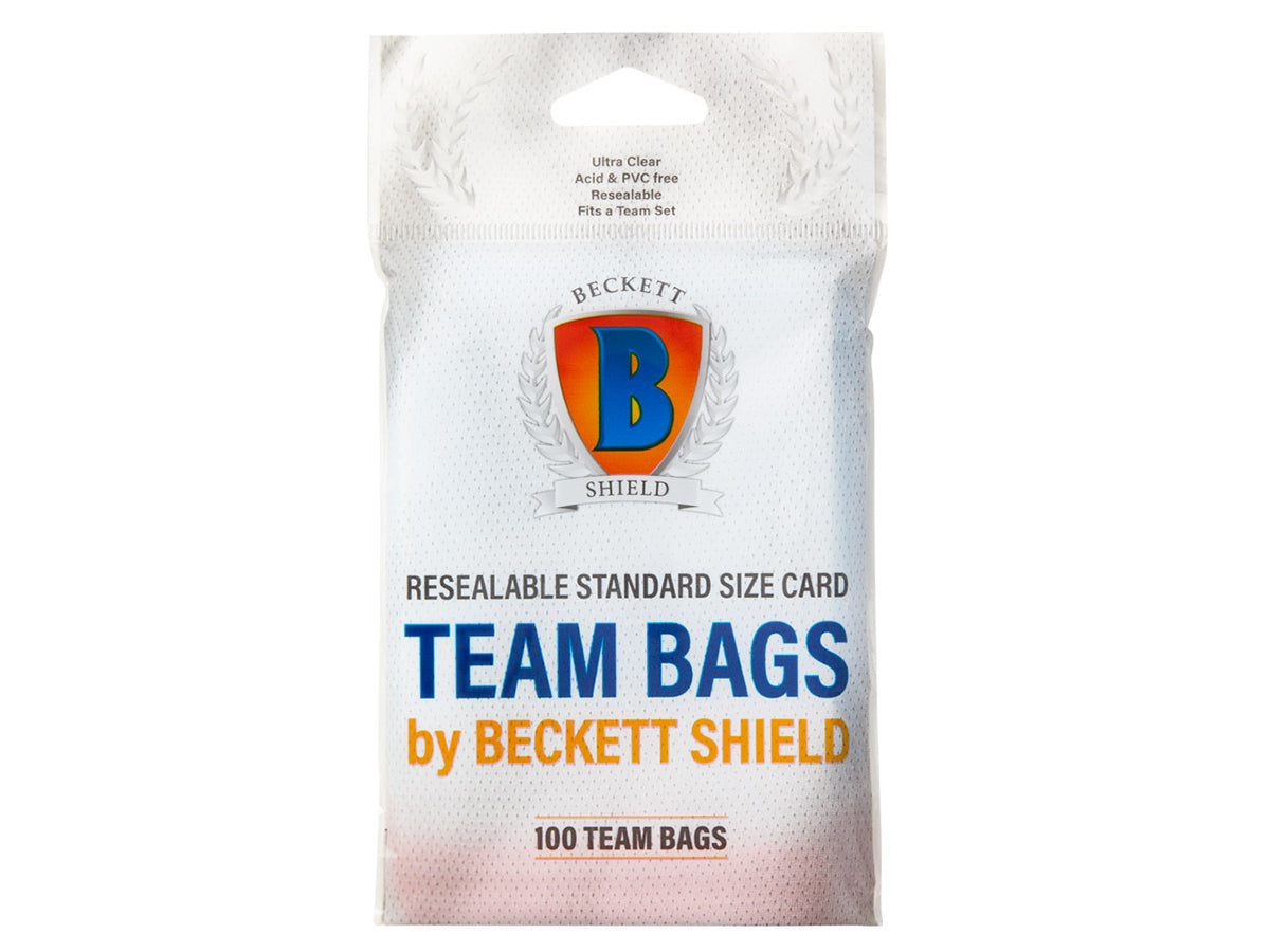 Beckett Shield Team Bags for trading cards, 100-count pack, durable card sleeves for protection and organization.