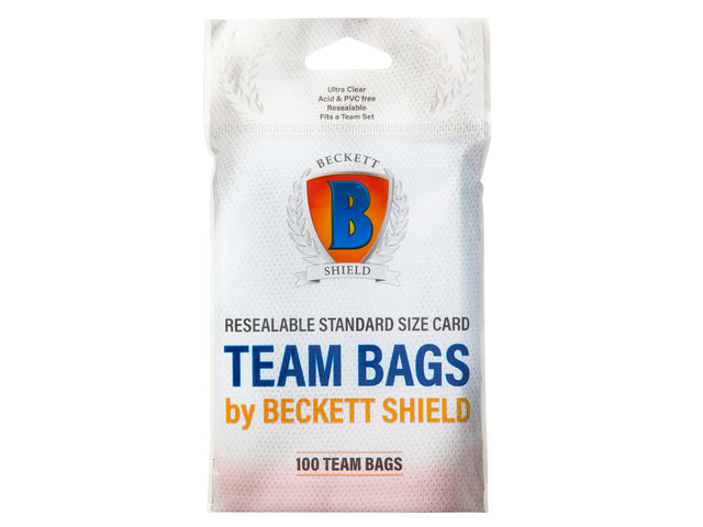 Beckett Shield Team Bags for trading cards, 100-count pack, durable card sleeves for protection and organization.