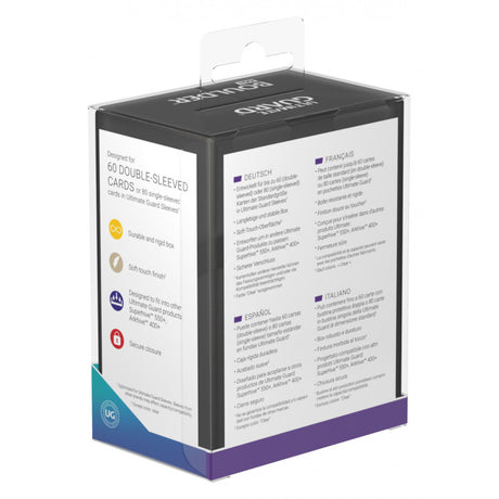Black Ultimate Guard Boulder 60+ deck case holding trading cards, with a sleek design and secure closure for card storage.