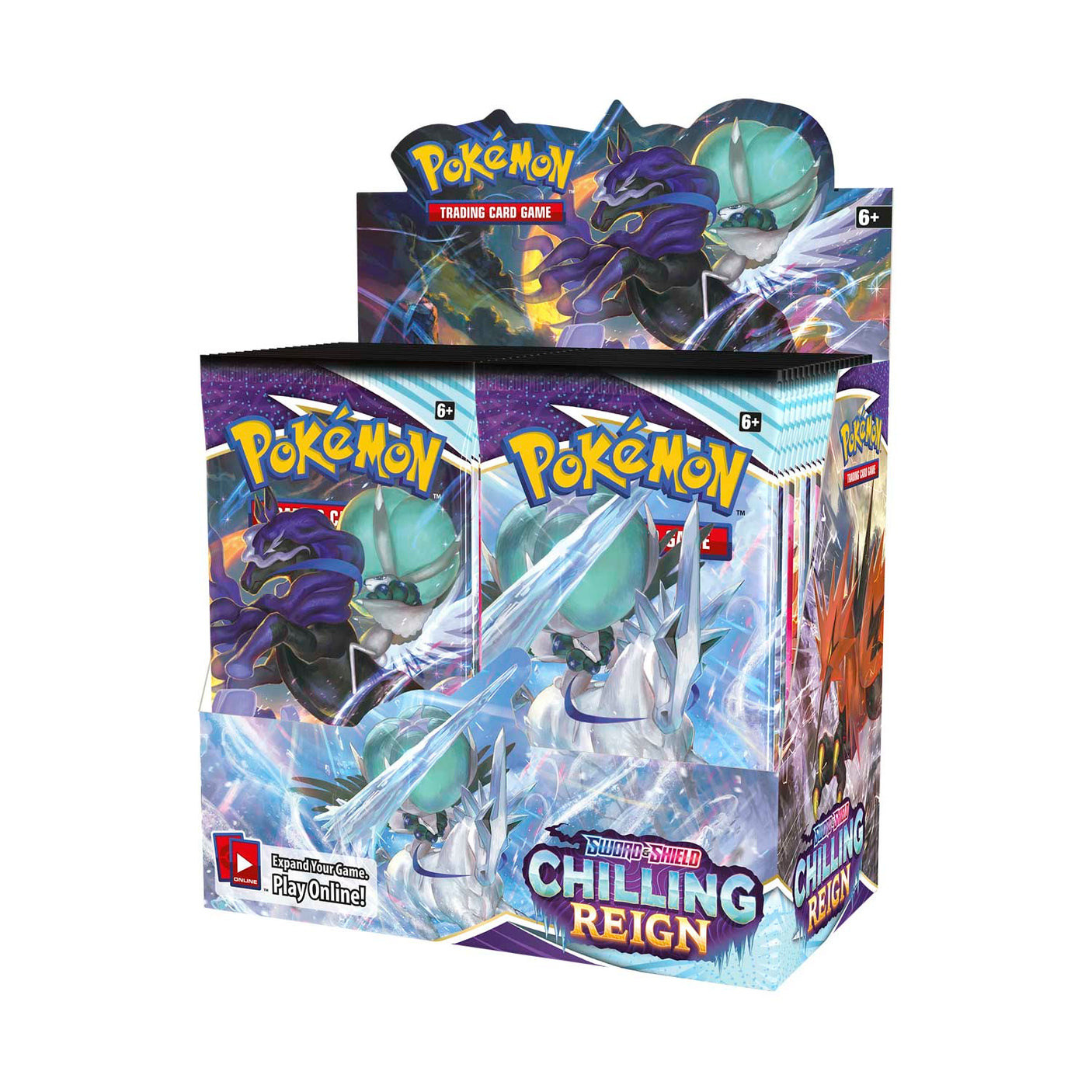 Pokémon TCG Chilling Reign Booster Box featuring artwork of Pokémon characters and colorful packaging.