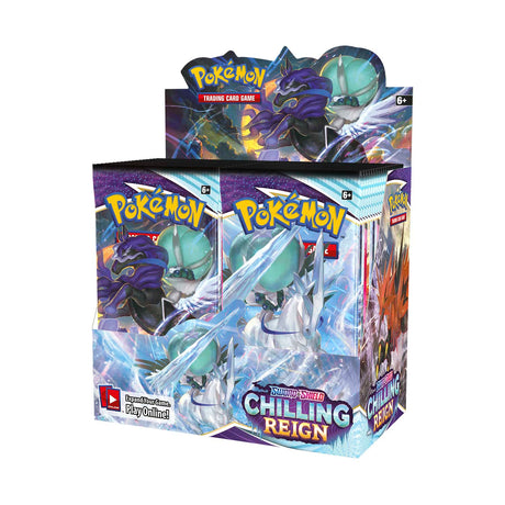 Pokémon TCG Chilling Reign Booster Box featuring artwork of Pokémon characters and colorful packaging.
