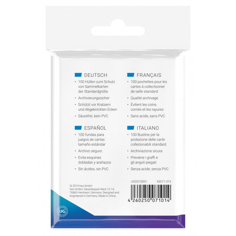 Pack of 100 Ultimate Guard Classic Standard Size Card Sleeves, clear protective sleeves for trading cards.