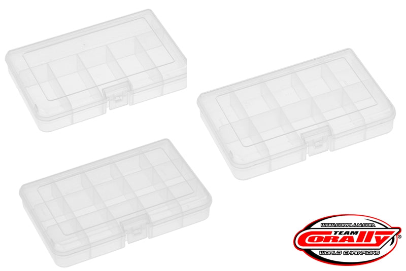 Team Corally RC car medium parts boxes in 165x112x31mm size, ideal for organizing small RC car components.