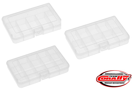 Team Corally RC car medium parts boxes in 165x112x31mm size, ideal for organizing small RC car components.